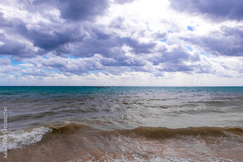 Tropical Caribbean beach sea clear water Playa del Carmen Mexico.