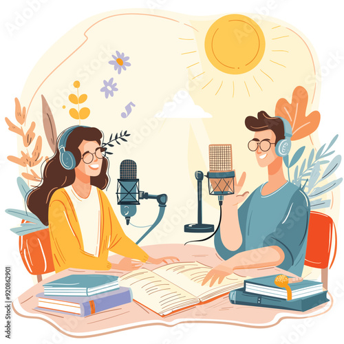 A man and a woman podcasting with microphones