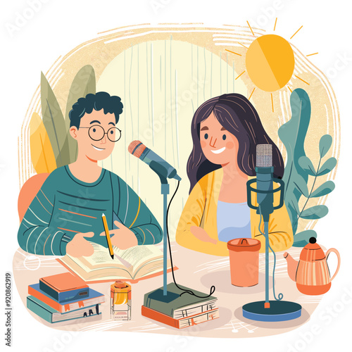 A man and a woman podcasting with microphones