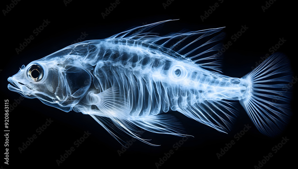 X-ray image of a fish showcasing its skeletal structure and delicate features against a dark background. X-ray image of a fish showcasing its skeletal structure and delicate features against a dark background.
