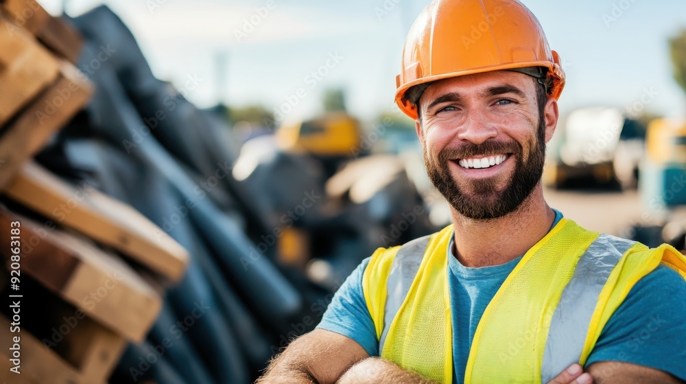 A confident worker wearing a helmet and safety vest, smiling with arms crossed, representing professionalism and satisfaction, conveying a sense of job achievement. A confident worker wearing a helmet and safety vest, smiling with arms crossed, representing professionalism and satisfaction, conveying a sense of job achievement.