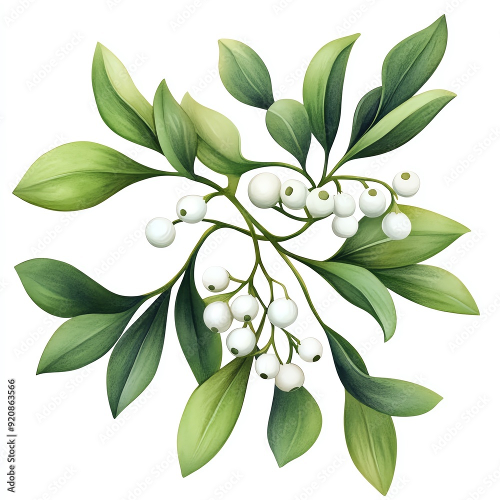 Obraz premium A beautiful depiction of a mistletoe branch with vibrant green leaves and white berries, perfect for seasonal decorations.