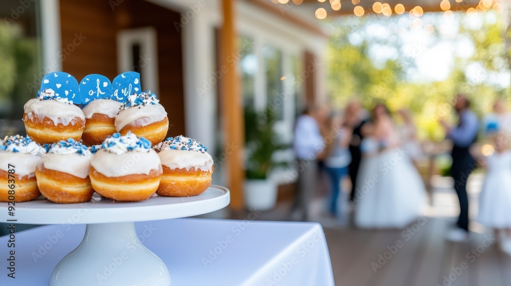 A collection of donuts topped with white icing and festive blue decorations arranged perfectly on a cake stand, likely prepared for a celebration or social gathering. A collection of donuts topped with white icing and festive blue decorations arranged perfectly on a cake stand, likely prepared for a celebration or social gathering.