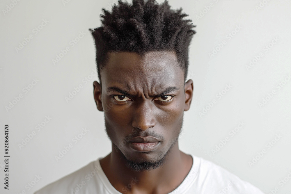Close-up of a handsome young man, African-American appearance, with an angry facial expression, emotions, on a white background, medium shot. Advertising banner. Close-up of a handsome young man, African-American appearance, with an angry facial expression, emotions, on a white background, medium shot. Advertising banner.