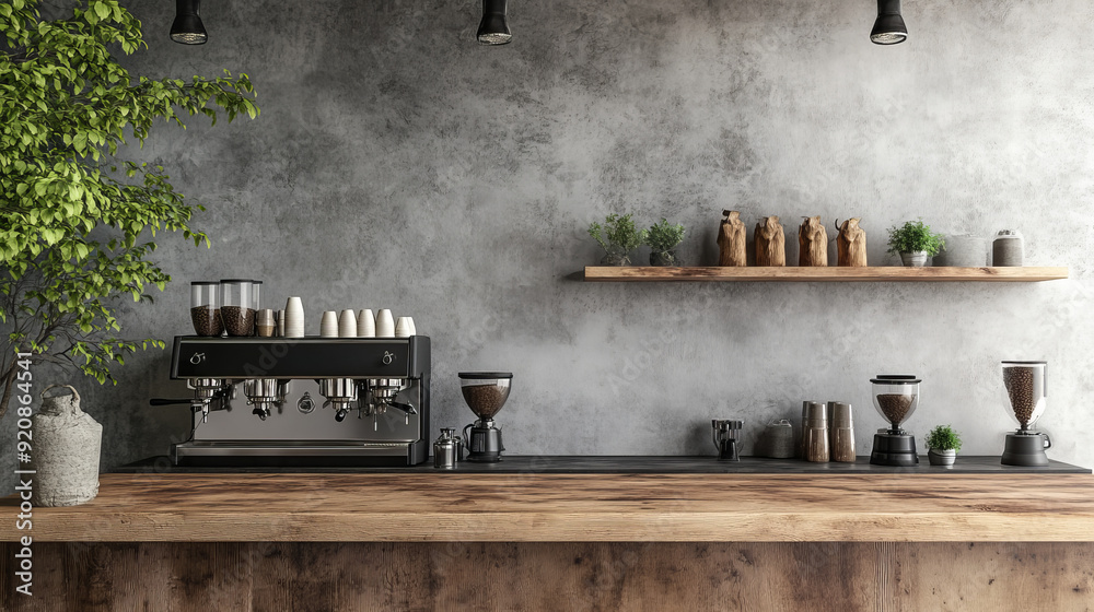 A design featuring a seat and a wooden counter with coffee equipment arranged on the counter bar. Above the counter, a wooden shelf is mounted on a rough cement wall, displaying additional A design featuring a seat and a wooden counter with coffee equipment arranged on the counter bar. Above the counter, a wooden shelf is mounted on a rough cement wall, displaying additional