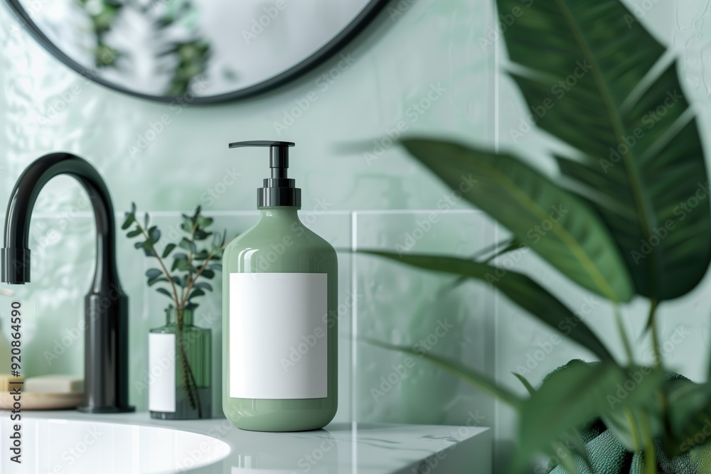 Elegant green soap dispenser on white marble bathroom counter with plants and round mirror. Concepts of home decor, cleanliness, and modern interior design. Elegant green soap dispenser on white marble bathroom counter with plants and round mirror. Concepts of home decor, cleanliness, and modern interior design.