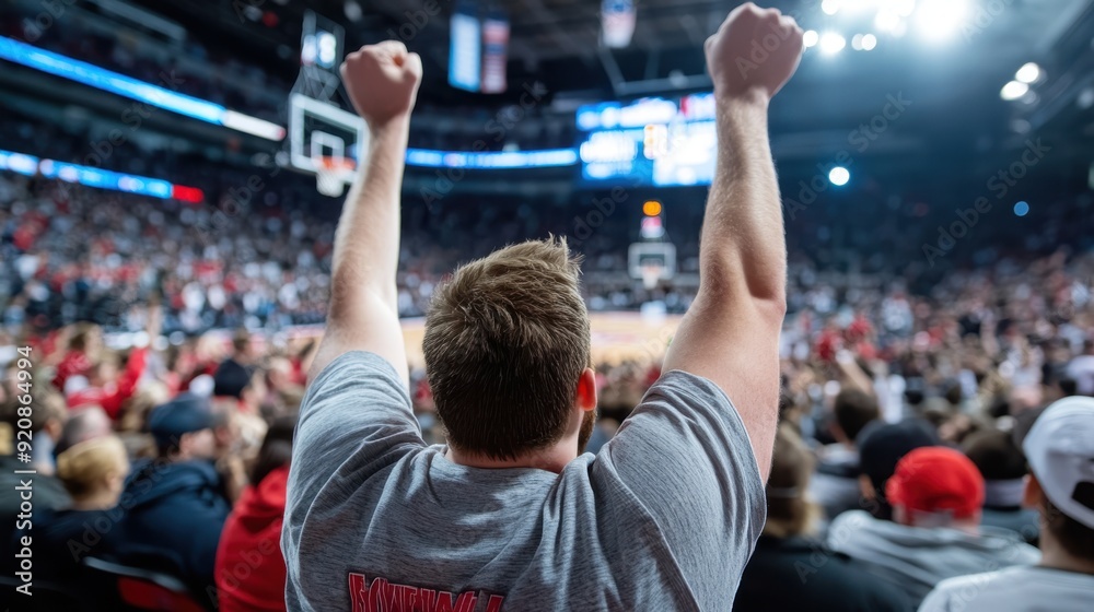 A crowd celebrates by raising their arms during an indoor basketball game in a packed stadium, signifying excitement and unity as they cheer for their team. A crowd celebrates by raising their arms during an indoor basketball game in a packed stadium, signifying excitement and unity as they cheer for their team.