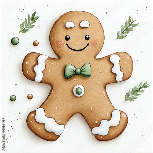 Delightful gingerbread cookie with a smiling face and festive decorations, perfect for holiday-themed projects and festive recipes. photo