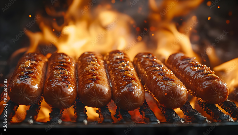 Grilled sausages sizzling on a barbecue, surrounded by flames. Perfect for food lovers and summer cookout themes. Grilled sausages sizzling on a barbecue, surrounded by flames. Perfect for food lovers and summer cookout themes.