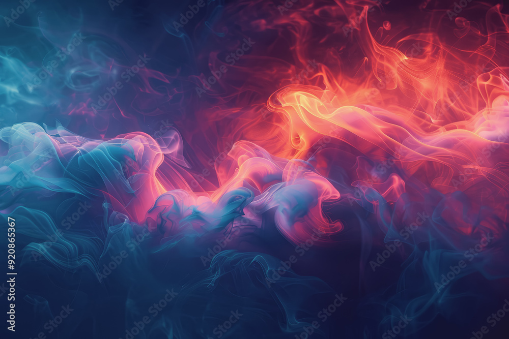 Dynamic smoke swirls dark red. Accented with neon blue textures and warm tones. Dynamic smoke swirls dark red. Accented with neon blue textures and warm tones.