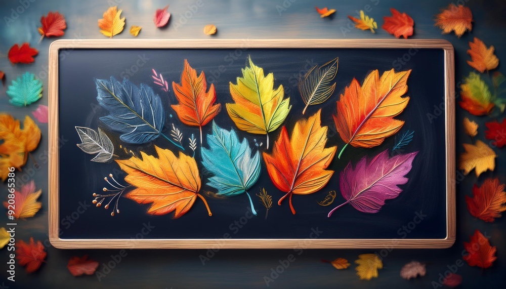 Naklejka premium Autumn Leaves Frame - dark chalkboard background with a border made of vibrant autumn leaves. Graphic art illustration. Back to school scene