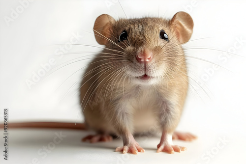 Close-up of a curious mouse on a white background, showcasing its adorable features and expressive eyes.