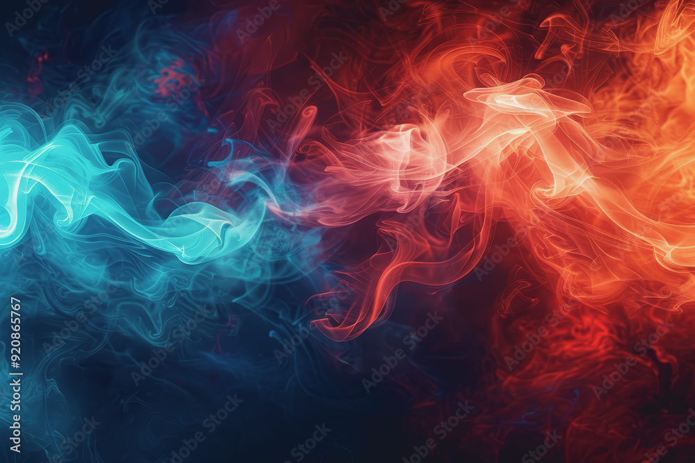 Dynamic smoke swirls dark red. Accented with neon blue textures and warm tones. Dynamic smoke swirls dark red. Accented with neon blue textures and warm tones.