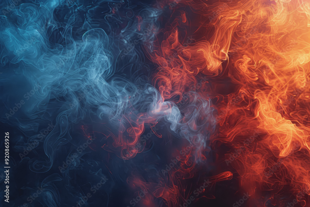 Dynamic smoke swirls dark red. Accented with neon blue textures and warm tones. Dynamic smoke swirls dark red. Accented with neon blue textures and warm tones.