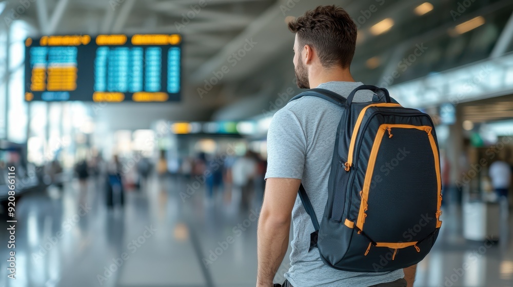 Traveler wearing a gray shirt and carrying an orange-striped backpack attentively looks at the airport flight departure board, standing in a busy and contemporary terminal.