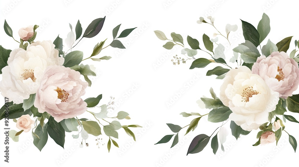 Obraz premium Floral banner arranged with leaves and flowers, peony card, green leaves and roses, chic fashion frame, soft pink, wedding design, blush, green, white, burgundy color tones, separate and editable, 
