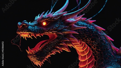 A digital image of a dragon with glowing red and blue colors.