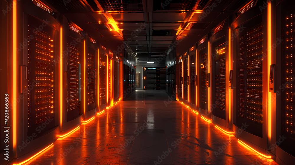 Fototapeta premium Vector cartoon corridor in a spaceship,Data Center With Illuminated Server Racks