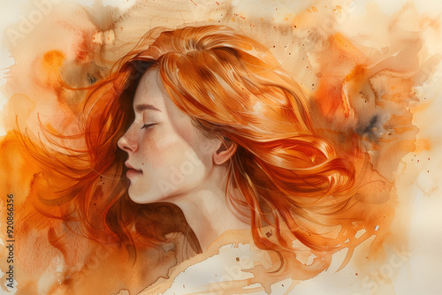 Wallpaper Mural Dreamy watercolor portrait of a woman with red hair and closed eyes, ideal for peaceful and introspective visual designs. Torontodigital.ca