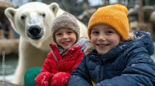 Two young children, warmly dressed in winter clothes, smiling happily with a friendly polar bear in the background at a snowy zoo environment, capturing joy and winter fun. photo