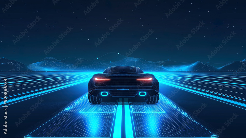 Naklejka premium A futursitic car driving on high way with mountains in the background at night