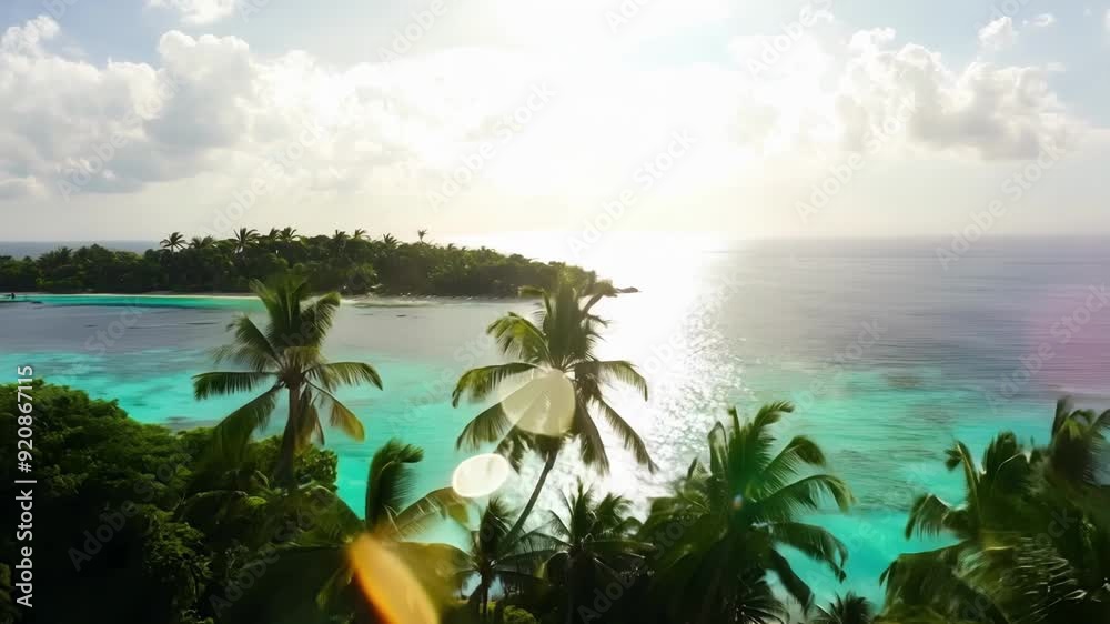 Aerial footage of a deserted tropical island as the suns rays pierce through the clouds and reflect off the ocean producing elegant lens flares. Light leaks bokeh