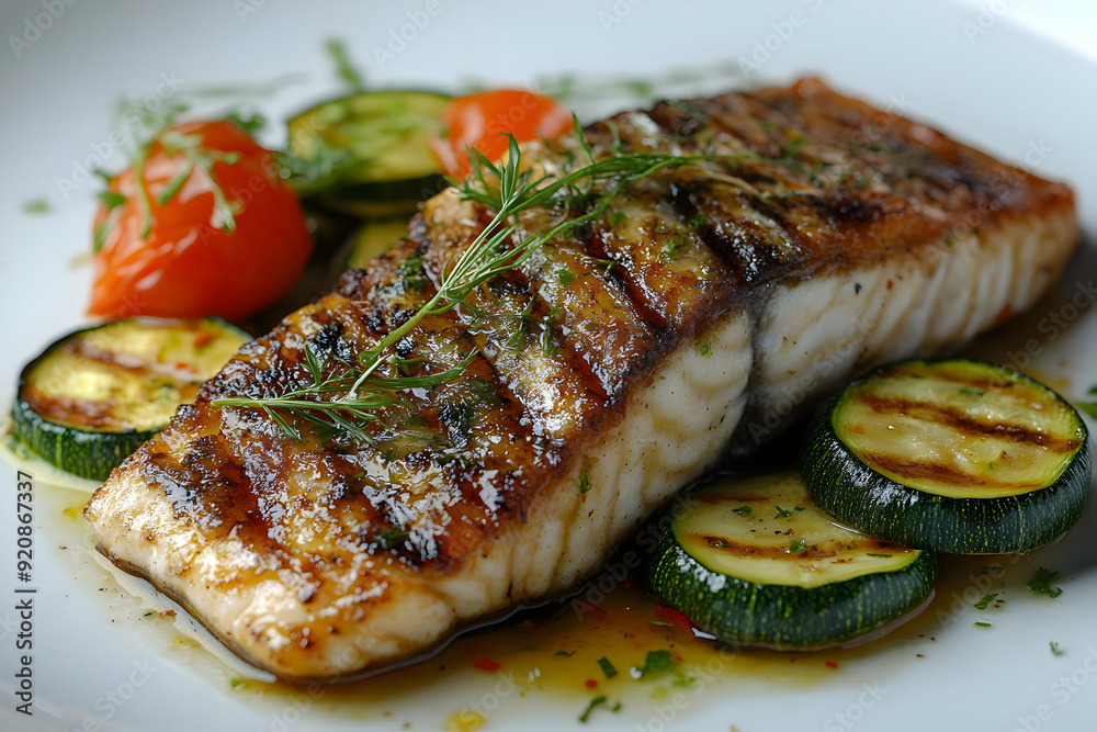 Grilled salmon fillet served with fresh vegetables on a white plate, showcasing vibrant colors and appealing presentation. Grilled salmon fillet served with fresh vegetables on a white plate, showcasing vibrant colors and appealing presentation.