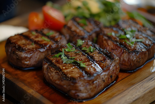 Grilled steak arranged on a wooden platter, garnished with herbs, complemented by fresh vegetables and tomatoes.