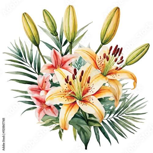 Aztec Lily Watercolor floral arrangements with beautiful sprekelia formosissima flower, Watercolor floral bouquet.
 photo