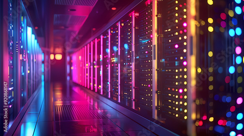 Vector cartoon corridor in a spaceship,Data Center With Illuminated Server Racks