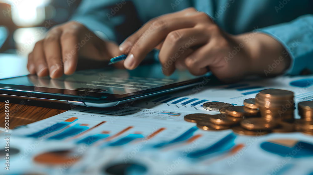 Modern Financial Planning: Person Using Tablet with Clean Background Photo Realistic Image Concept for Personal Finance and Money Management on Adobe Stock Modern Financial Planning: Person Using Tablet with Clean Background Photo Realistic Image Concept for Personal Finance and Money Management on Adobe Stock