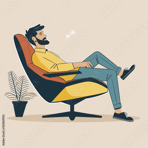 Flat design of a man relaxing on a yellow chair with a lamp and coffee.
