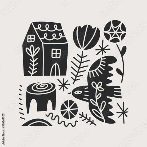 Birds and little country house elements set. Black and white monochrome folk bird tribal boho patterned animal in Scandinavian cottagecore style, floral ornament. Hygge, lagom and fika lifestyle