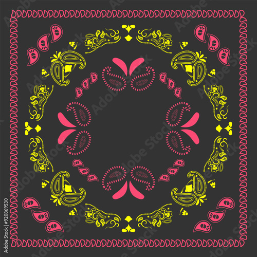 Neon bandana kerchief paisley fabric patchwork abstract vector seamless pattern.