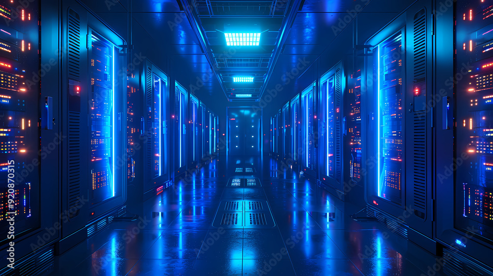Fototapeta premium Vector cartoon corridor in a spaceship,Data Center With Illuminated Server Racks
