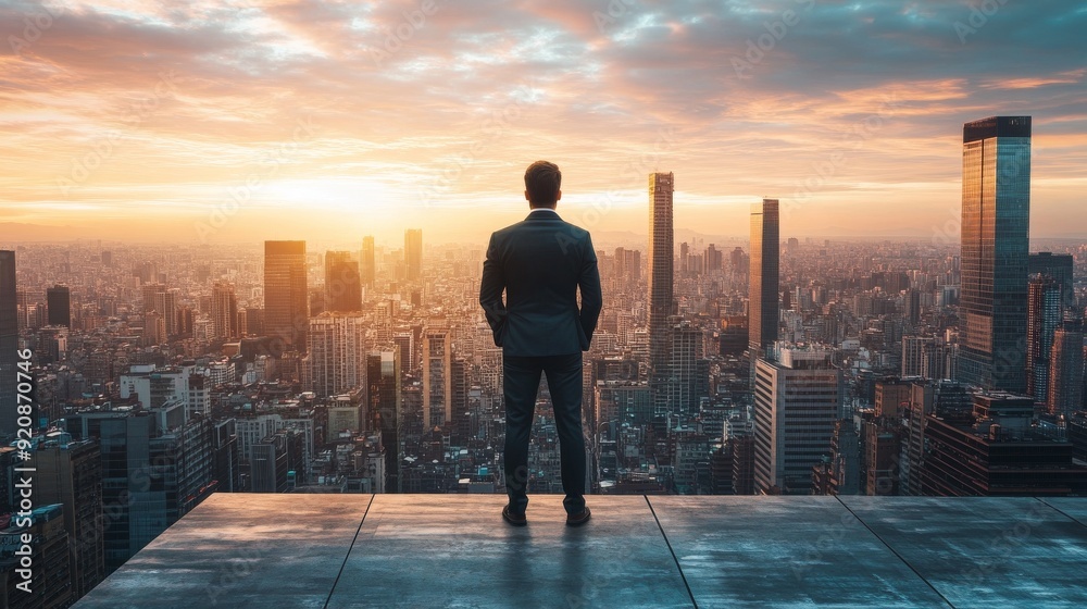 A business professional in a suit stands on a rooftop, gazing at the vibrant city skyline illuminated by the colors of the sunset A business professional in a suit stands on a rooftop, gazing at the vibrant city skyline illuminated by the colors of the sunset
