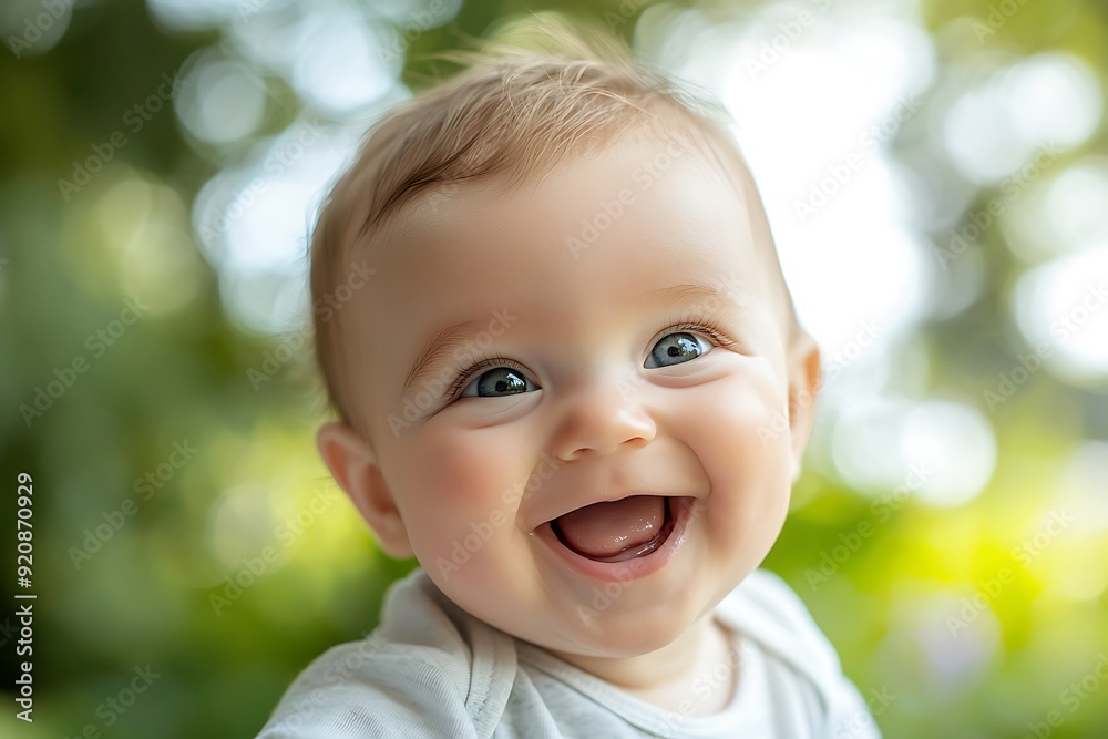 A close-up portrait of a happy baby with a big smile and blue eyes. A close-up portrait of a happy baby with a big smile and blue eyes.