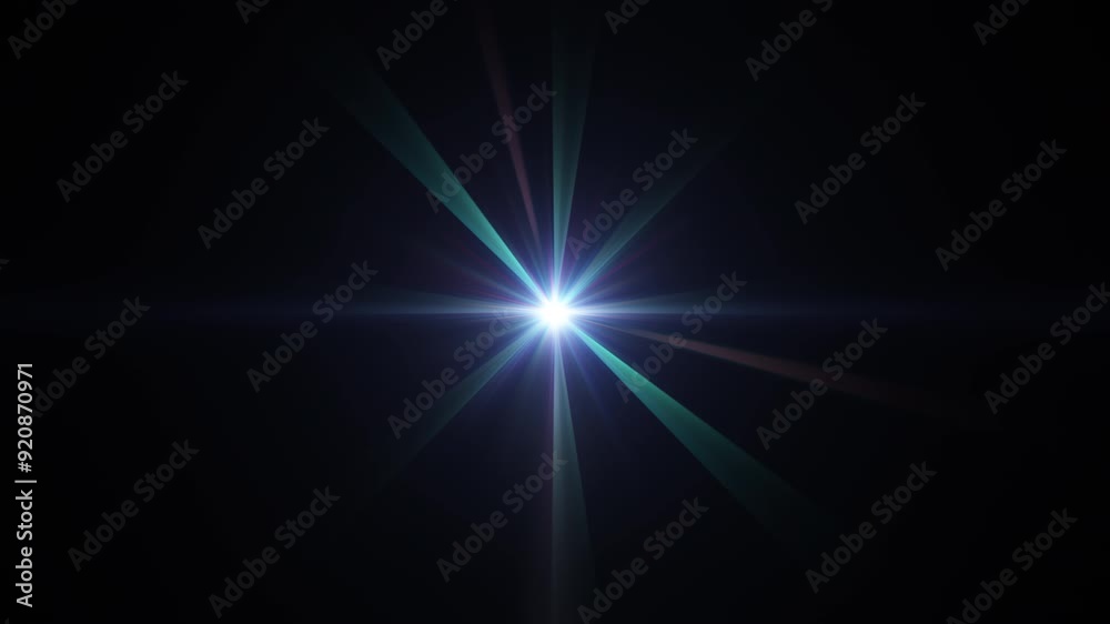 Abstract loop center colorful star radial optical lens flares light streaks shine ray rotation animation on black background. 4K seamless dynamic kinetic bright 
