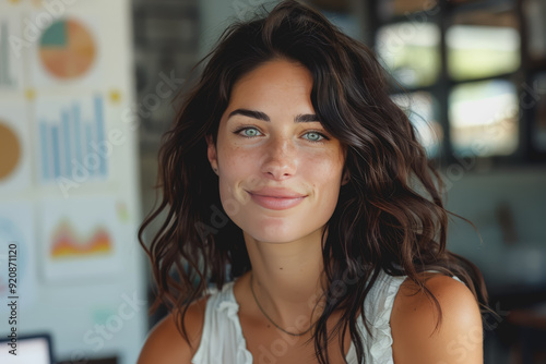 Young healthy white woman Slim figure, round face, black hair, and happy smiling face. Free Download Young healthy white woman Slim figure, round face, black hair, and happy smiling face. - GFXLoad