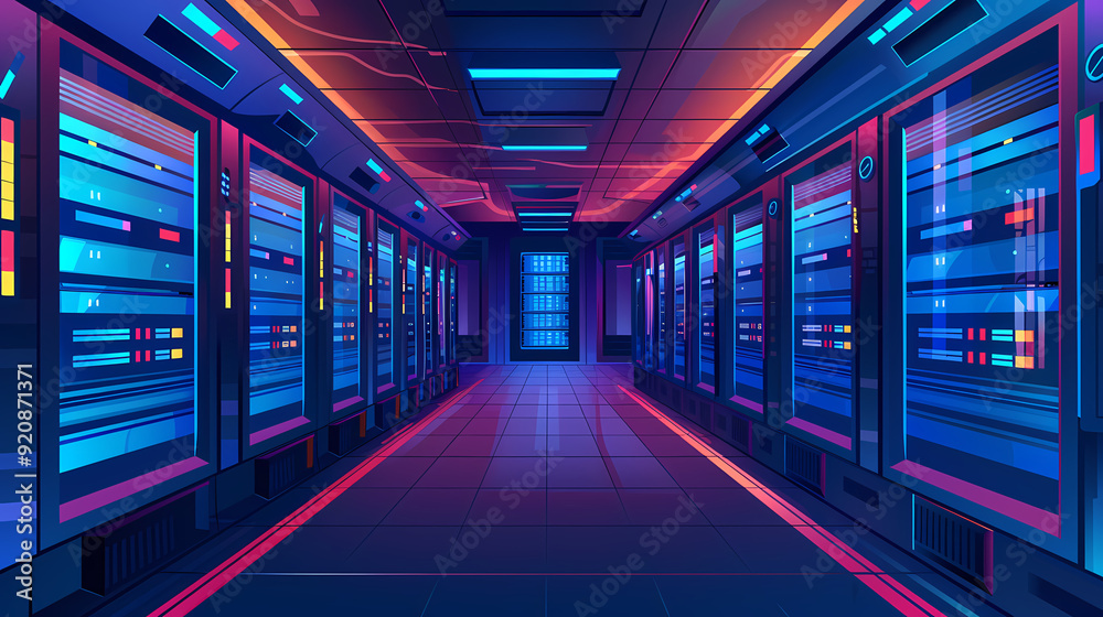 Vector cartoon corridor in a spaceship,Data Center With Illuminated Server Racks Vector cartoon corridor in a spaceship,Data Center With Illuminated Server Racks