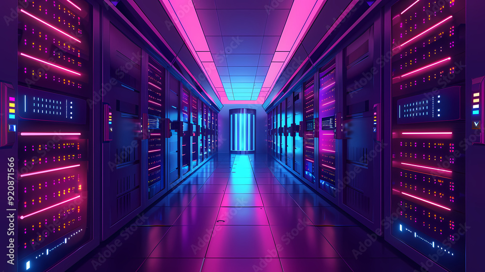 Vector cartoon corridor in a spaceship,Data Center With Illuminated Server Racks Vector cartoon corridor in a spaceship,Data Center With Illuminated Server Racks
