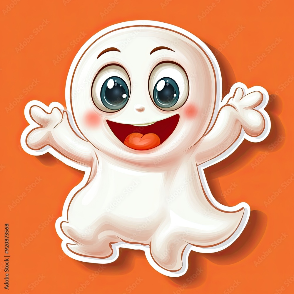 sticker style cartoon happy ghost thick white outline orange background sticker style cartoon happy ghost thick white outline orange background