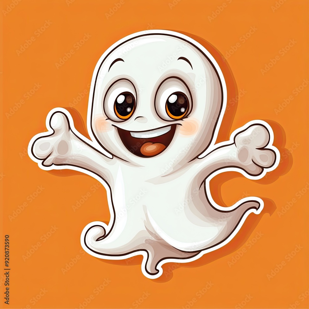 sticker style cartoon happy ghost thick white outline orange background sticker style cartoon happy ghost thick white outline orange background