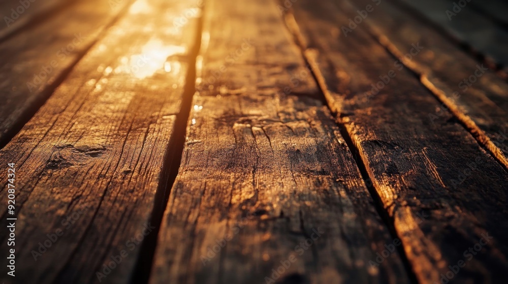Close-up view of weathered wooden surface revealing rich grain patterns and natural wear, illuminated by soft sunlight Close-up view of weathered wooden surface revealing rich grain patterns and natural wear, illuminated by soft sunlight