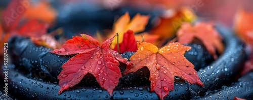 Autumn leaves on a garden hose