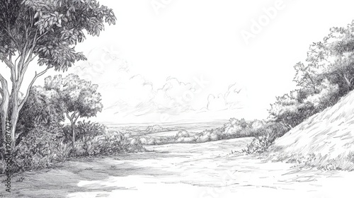 A peaceful landscape drawing with a peaceful nuance