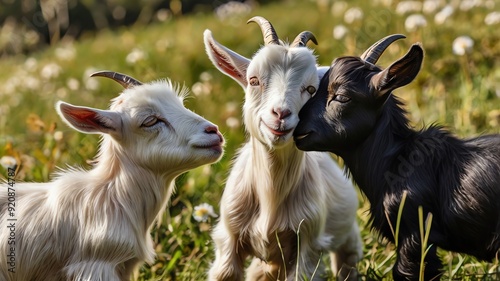 A picture of three baby goats, one white and two black, playing in a grassy field.