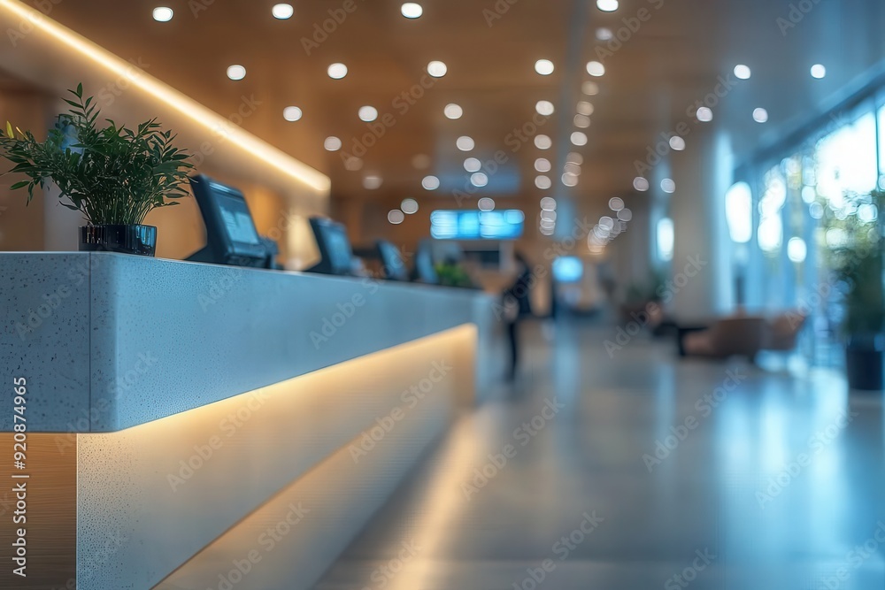 minimalist bank teller counter clean lines and neutral tones blurred figures of customers in background modern financial institution ambiance