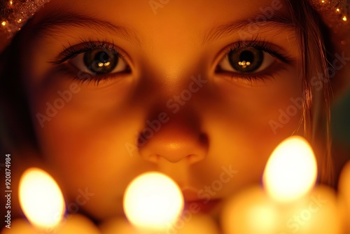 Child's face illuminated by warm light of candles, eyes sparklin photo