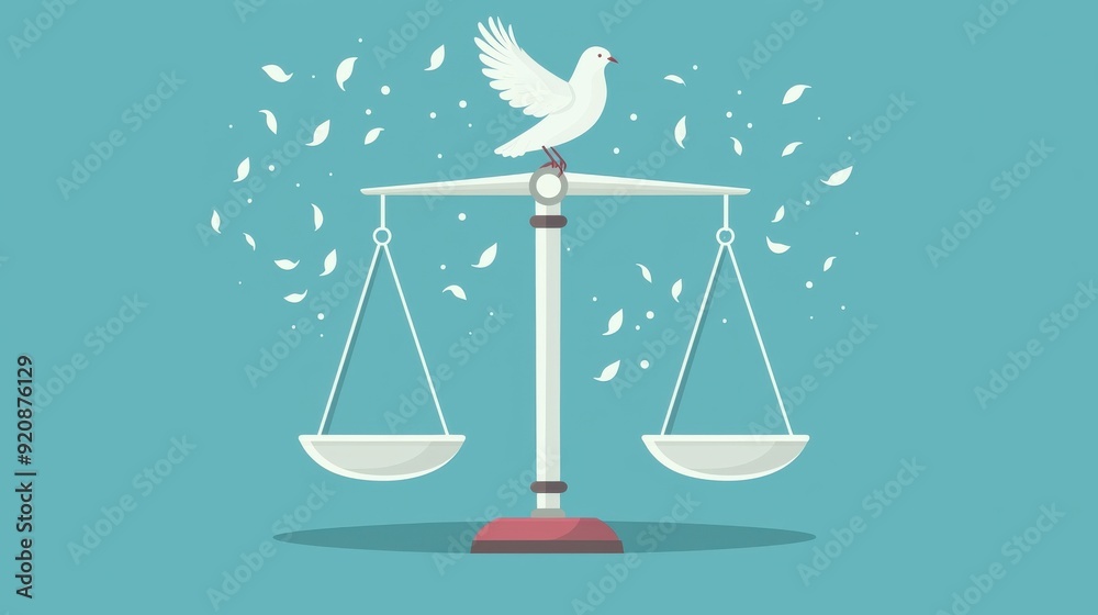 Symbolizing peace and justice, a balanced scale with a dove amid fluttering leaves showcases harmony and equilibrium. Symbolizing peace and justice, a balanced scale with a dove amid fluttering leaves showcases harmony and equilibrium.